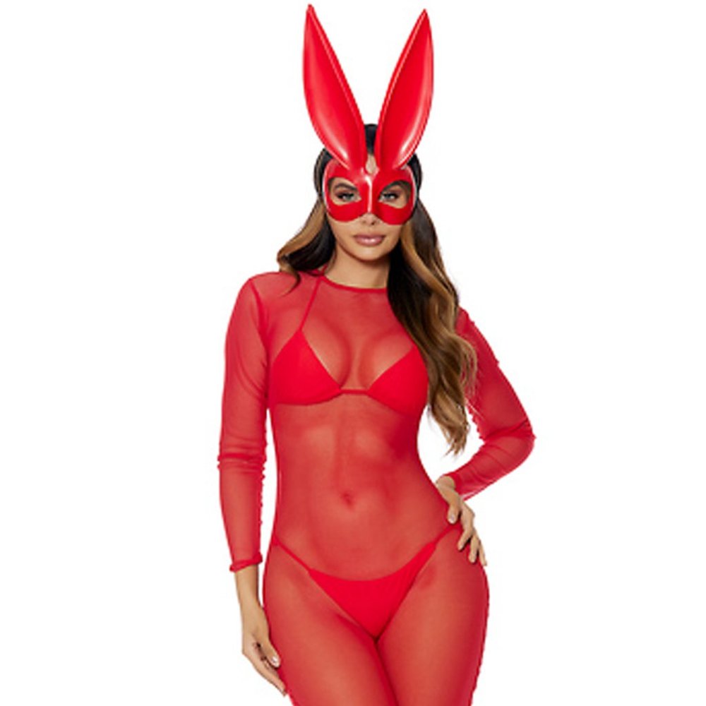 Sexy Bunny Costume Sheer Catsuit Mask Rabbit Ears - Red